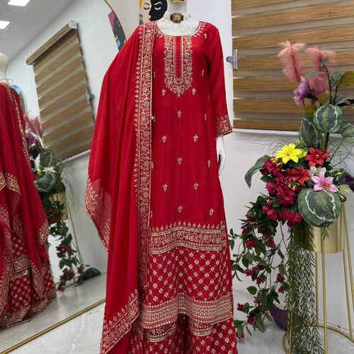 Red Color Sequence Embroidery Work Designer Party Wear Palazzo Suit