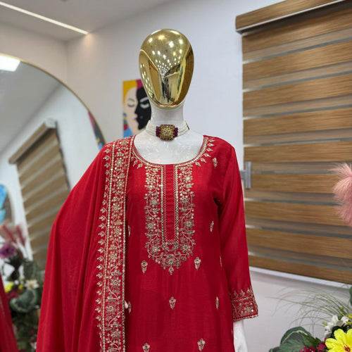 Red Color Sequence Embroidery Work Designer Party Wear Palazzo Suit