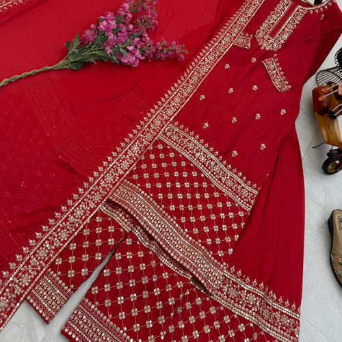 Red Color Sequence Embroidery Work Designer Party Wear Palazzo Suit