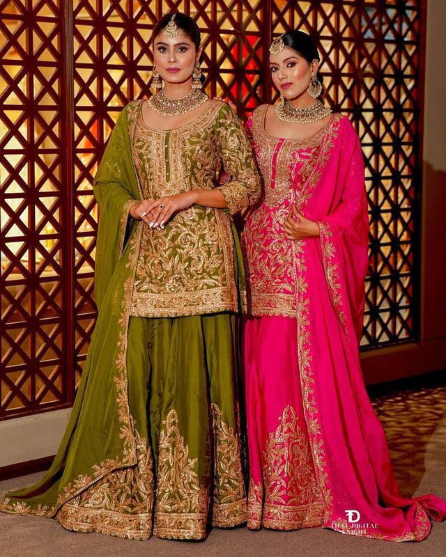 Green-Pink Color Sequence Embroidery Work Designer Party Wear Palazzo Suit