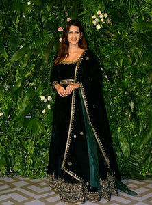 Green Color Bollywood Designer Velvet Party Wear Gown