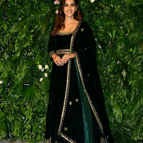 Green Color Bollywood Designer Velvet Party Wear Gown