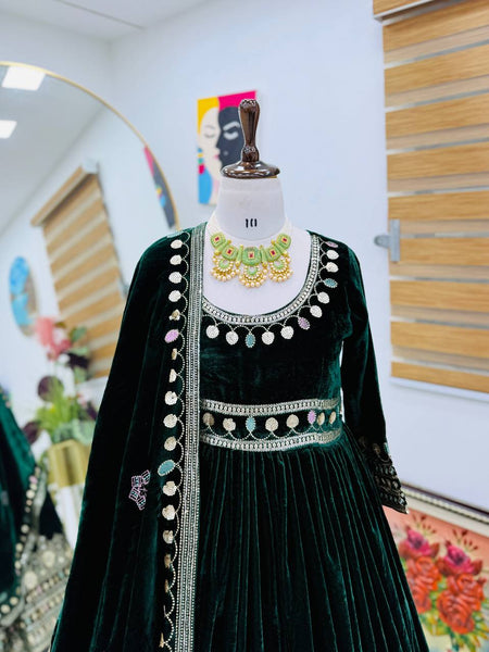 Green Color Bollywood Designer Velvet Party Wear Gown