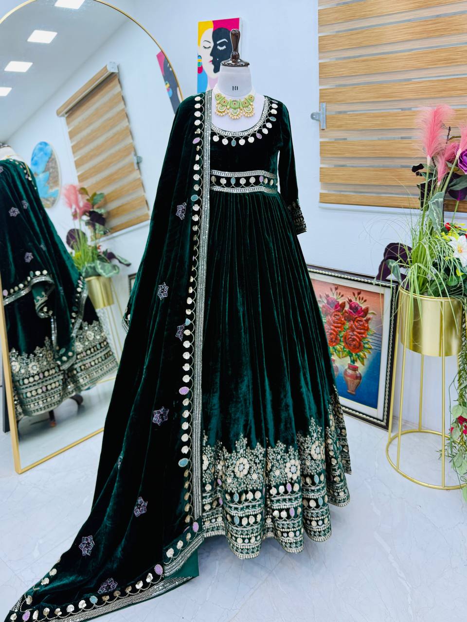 Green Color Bollywood Designer Velvet Party Wear Gown