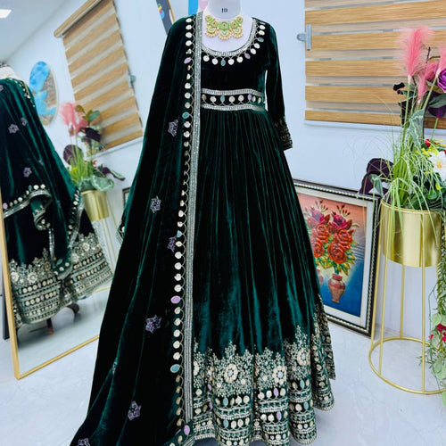 Green Color Bollywood Designer Velvet Party Wear Gown