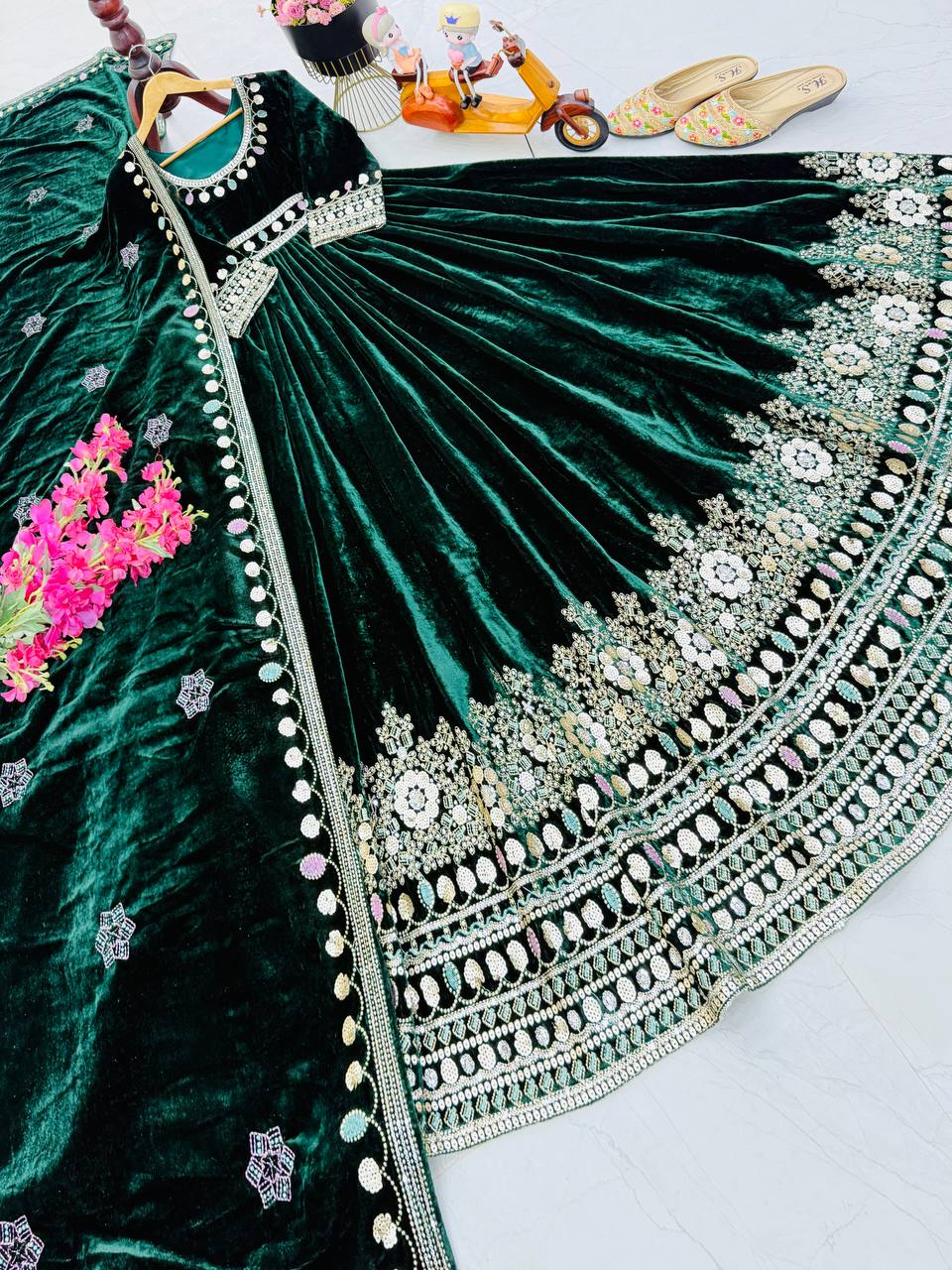 Green Color Bollywood Designer Velvet Party Wear Gown