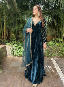 Rama Color Anarkali Style Wedding Wear Velvet Gown