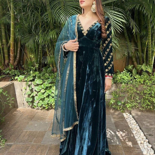 Rama Color Anarkali Style Wedding Wear Velvet Gown