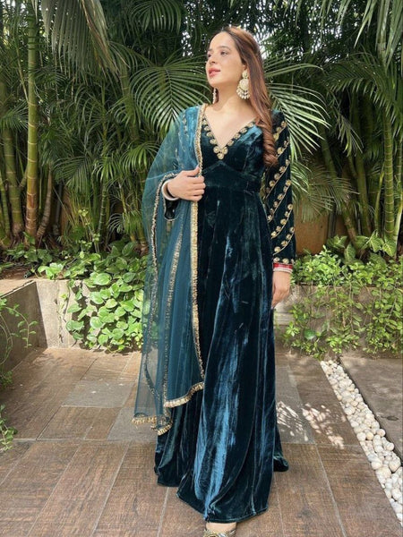 Rama Color Anarkali Style Wedding Wear Velvet Gown