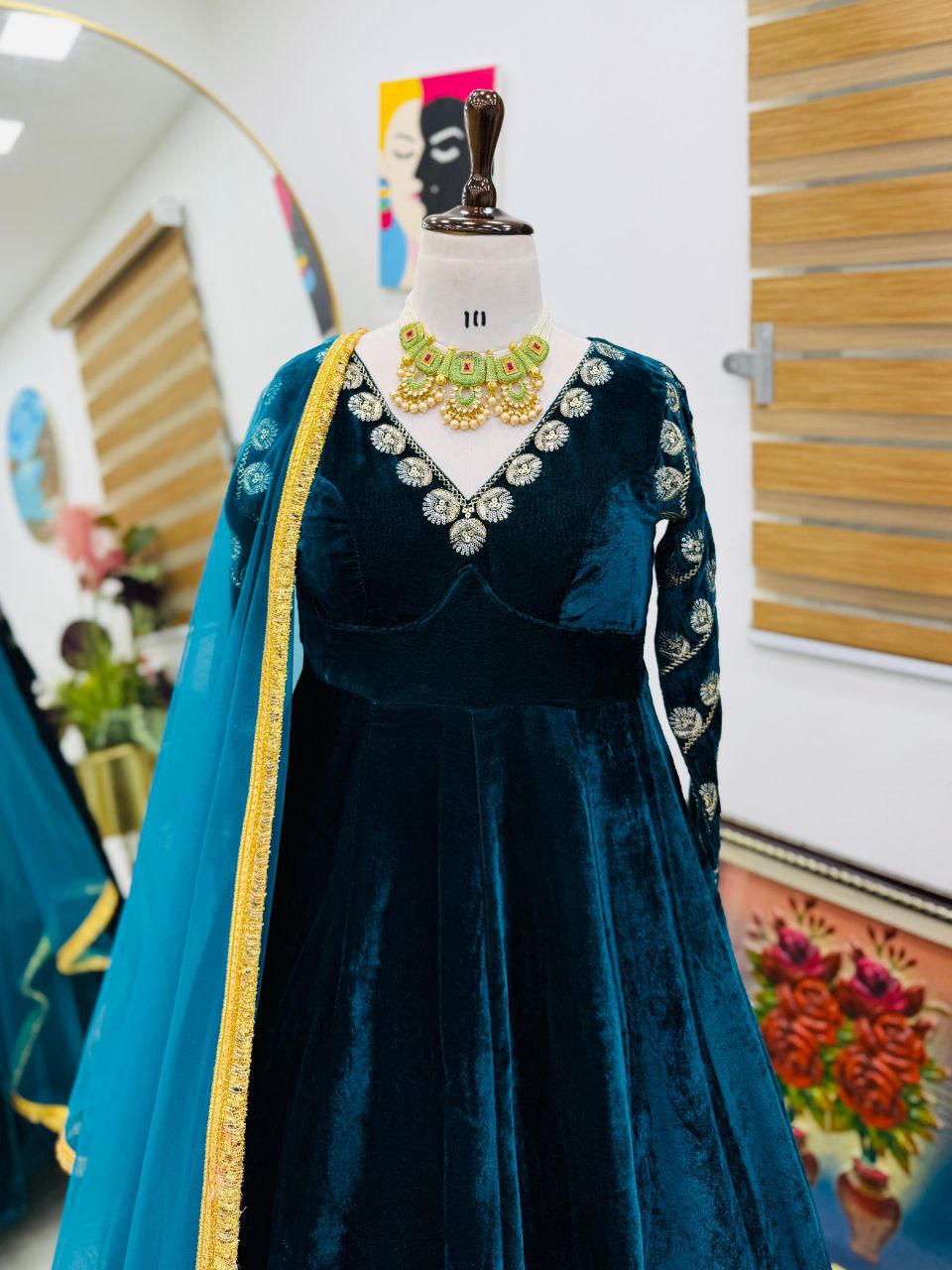 Rama Color Anarkali Style Wedding Wear Velvet Gown