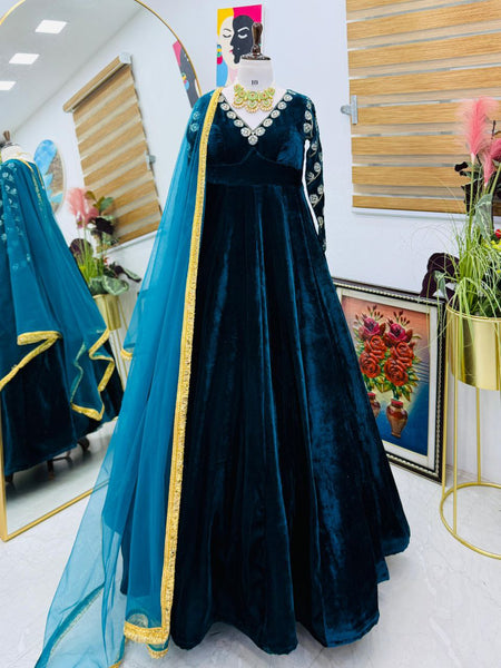 Rama Color Anarkali Style Wedding Wear Velvet Gown