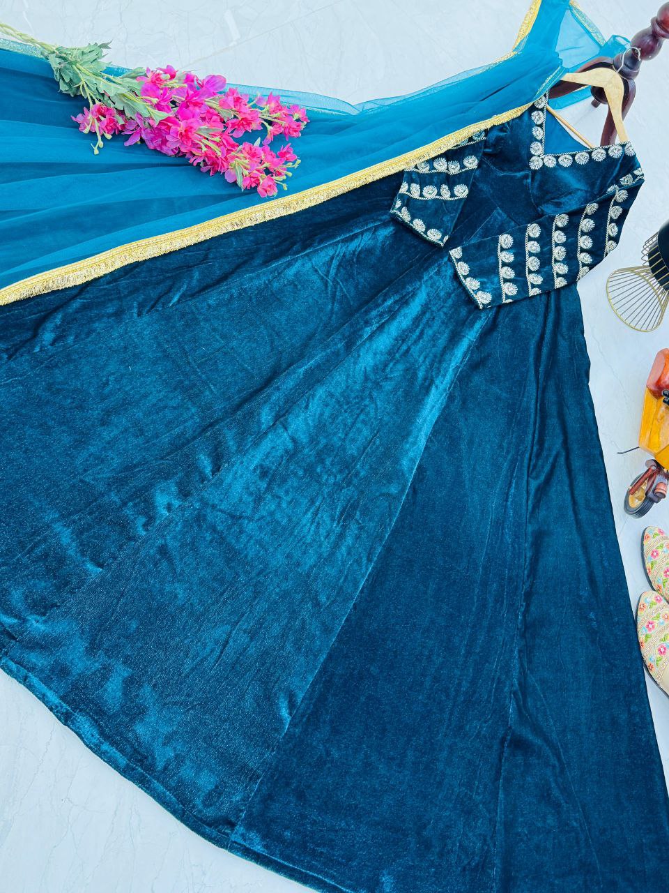 Rama Color Anarkali Style Wedding Wear Velvet Gown