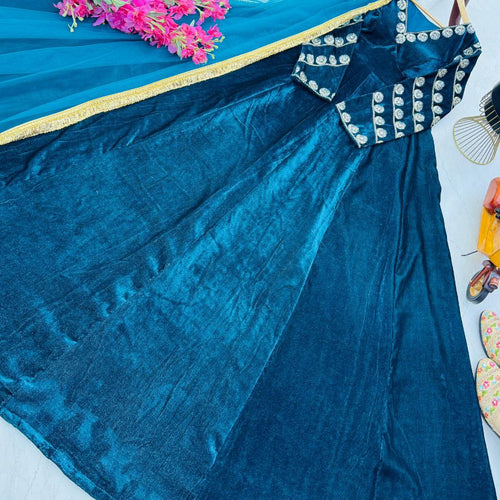 Rama Color Anarkali Style Wedding Wear Velvet Gown