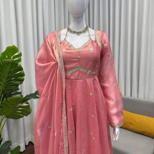 Peach Color Trendy Designer Wedding Wear Anarkali Gown