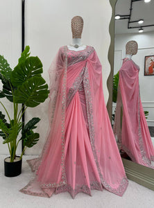 Light Pink Color Heavy Sequence Embroidery Georgette Saree