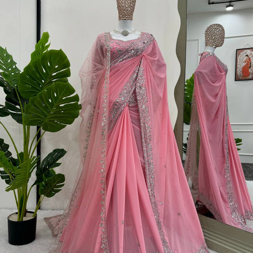 Light Pink Color Heavy Sequence Embroidery Georgette Saree