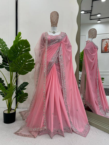Light Pink Color Heavy Sequence Embroidery Georgette Saree
