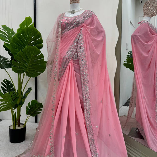 Light Pink Color Heavy Sequence Embroidery Georgette Saree