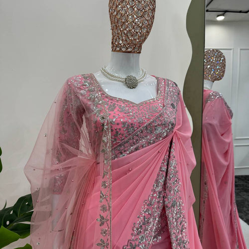 Light Pink Color Heavy Sequence Embroidery Georgette Saree