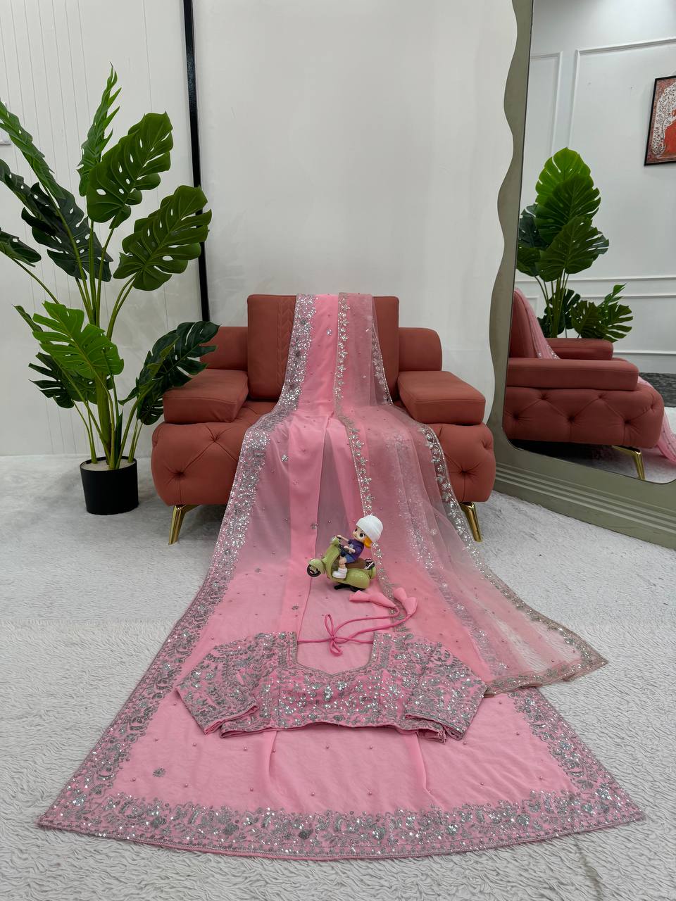 Light Pink Color Heavy Sequence Embroidery Georgette Saree