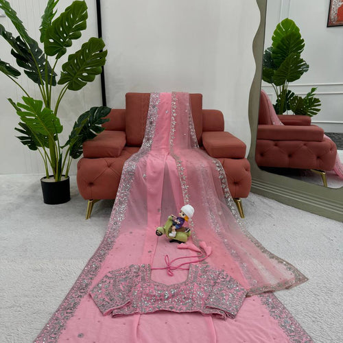 Light Pink Color Heavy Sequence Embroidery Georgette Saree