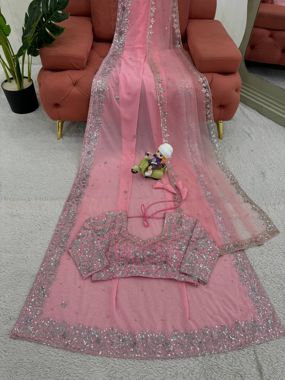 Light Pink Color Heavy Sequence Embroidery Georgette Saree