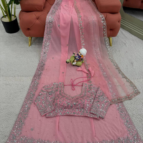 Light Pink Color Heavy Sequence Embroidery Georgette Saree