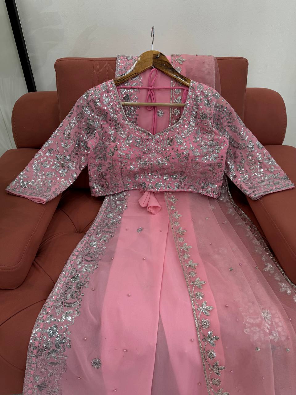 Light Pink Color Heavy Sequence Embroidery Georgette Saree