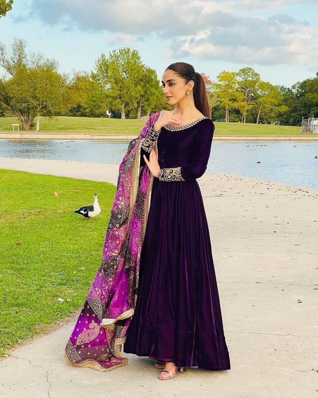 Purple Color Wedding Wear Velvet Anarkali Gown
