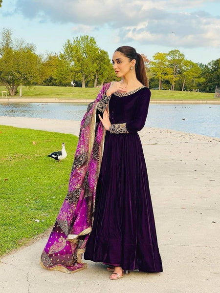 Purple Color Wedding Wear Velvet Anarkali Gown