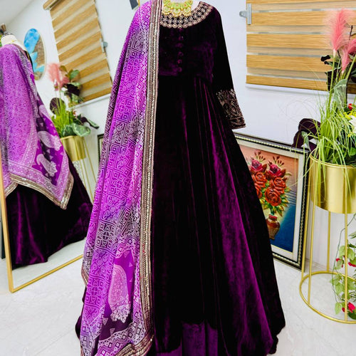Purple Color Wedding Wear Velvet Anarkali Gown