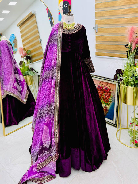 Purple Color Wedding Wear Velvet Anarkali Gown