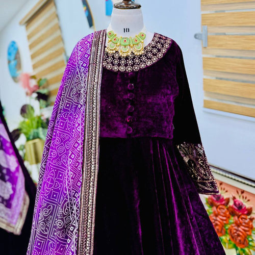 Purple Color Wedding Wear Velvet Anarkali Gown