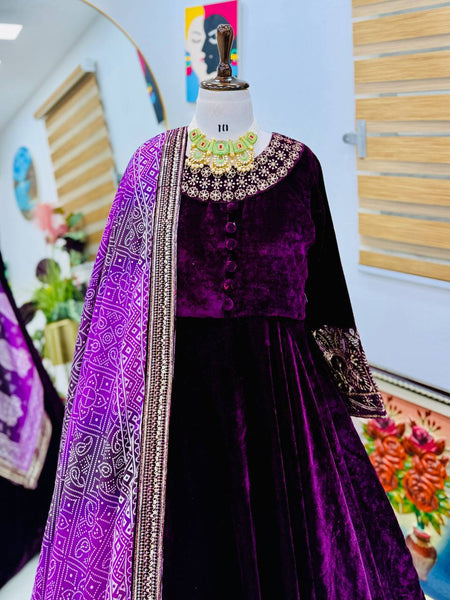 Purple Color Wedding Wear Velvet Anarkali Gown