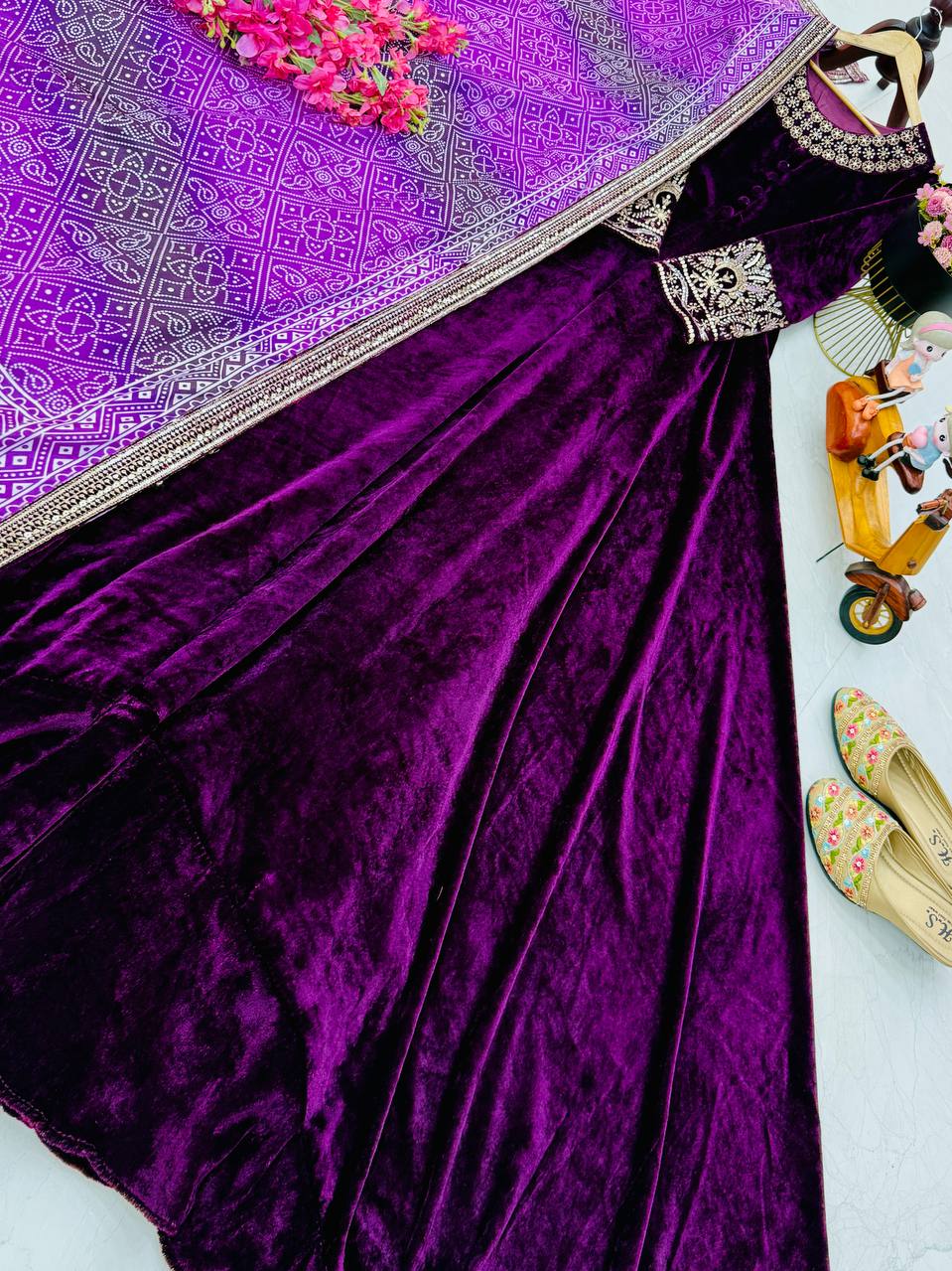 Purple Color Wedding Wear Velvet Anarkali Gown