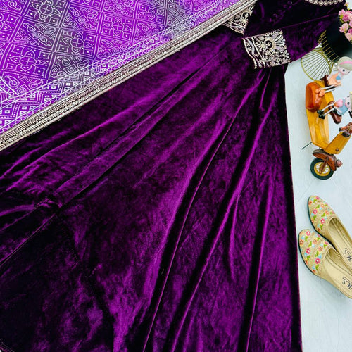 Purple Color Wedding Wear Velvet Anarkali Gown