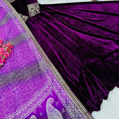 Purple Color Wedding Wear Velvet Anarkali Gown