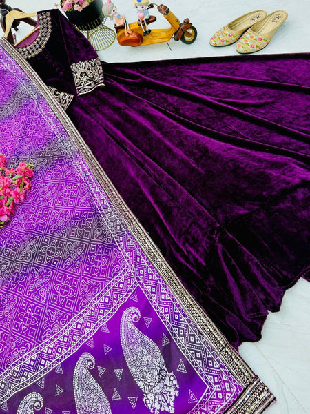 Purple Color Wedding Wear Velvet Anarkali Gown