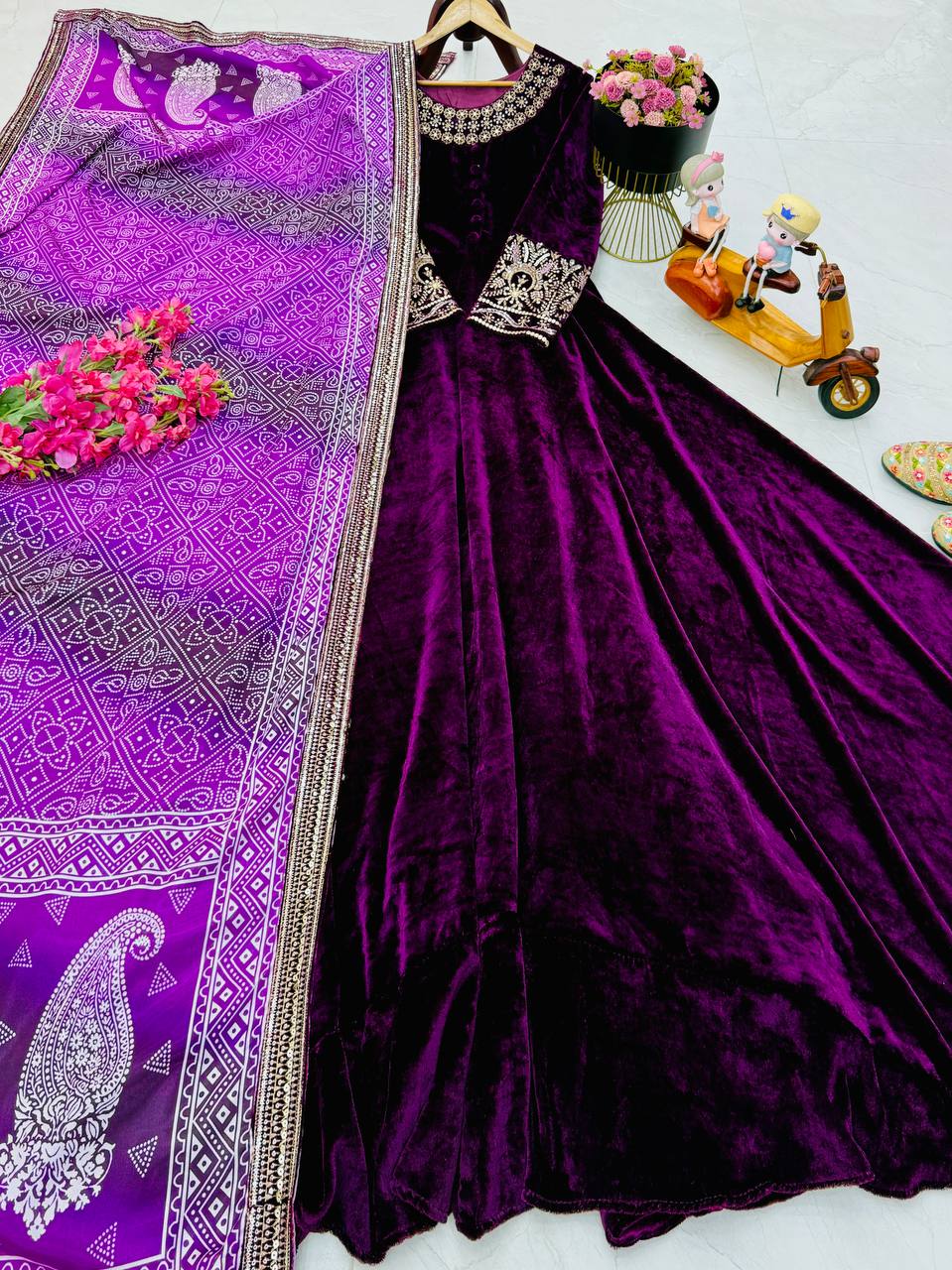 Purple Color Wedding Wear Velvet Anarkali Gown