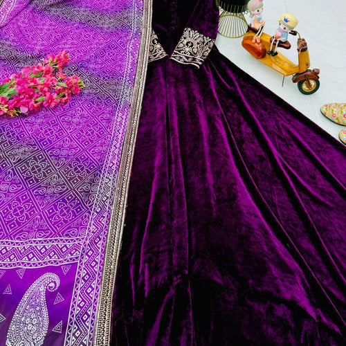 Purple Color Wedding Wear Velvet Anarkali Gown