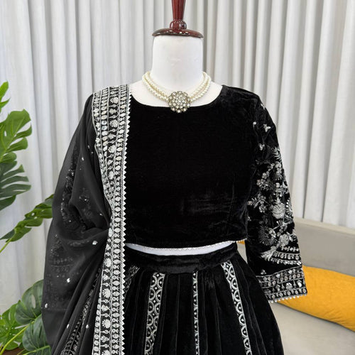 Black Color Wedding Wear Designer Velvet Lehenga Choli
