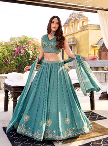 Rama Color Wedding Wear Heavy Sequence Thread Work Lehenga