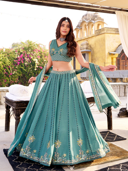 Rama Color Wedding Wear Heavy Sequence Thread Work Lehenga