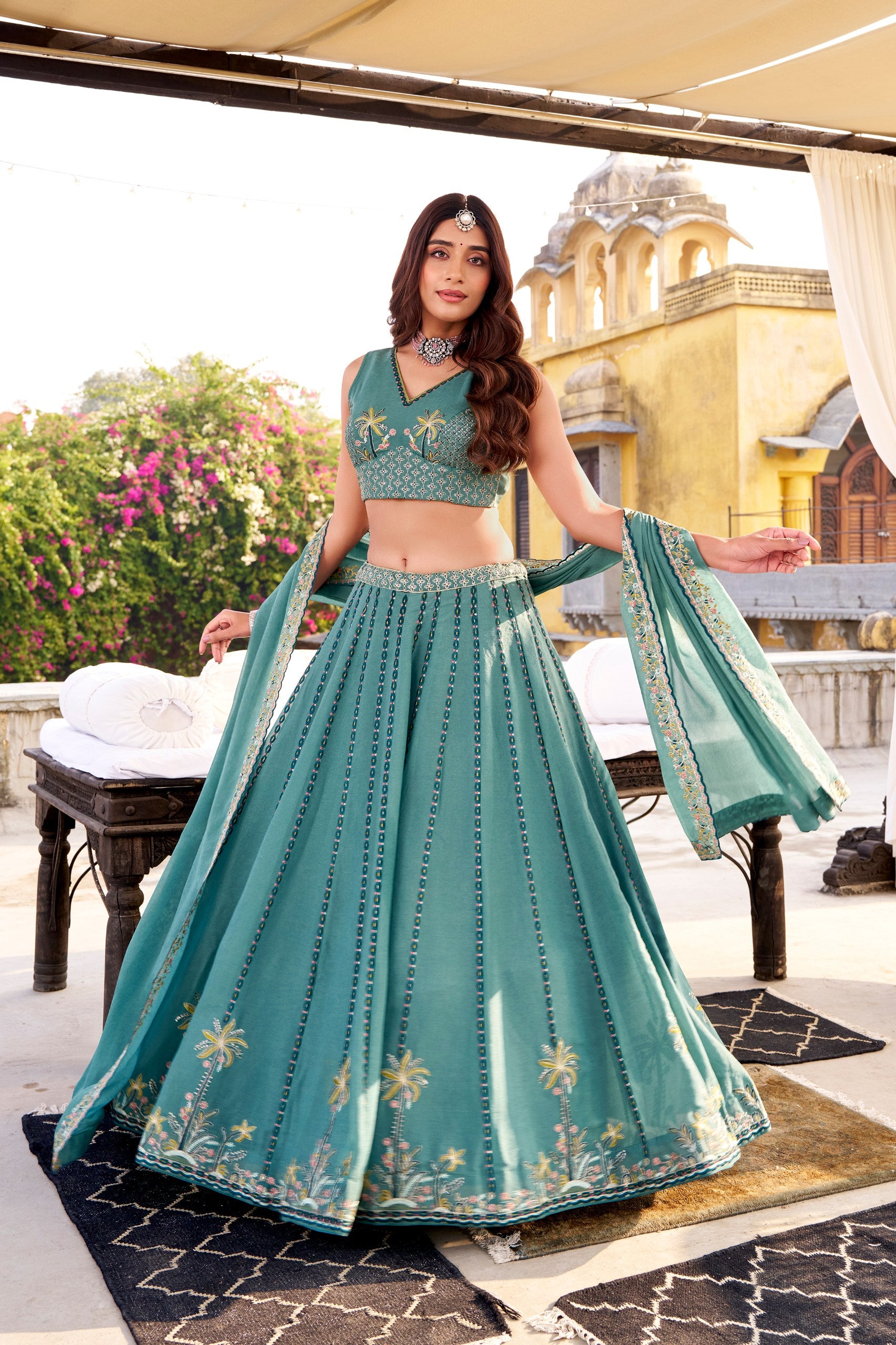 Rama Color Wedding Wear Heavy Sequence Thread Work Lehenga
