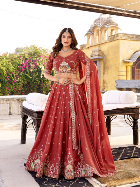 Dusty Orange Color Wedding Wear Heavy Sequence Work Lehenga
