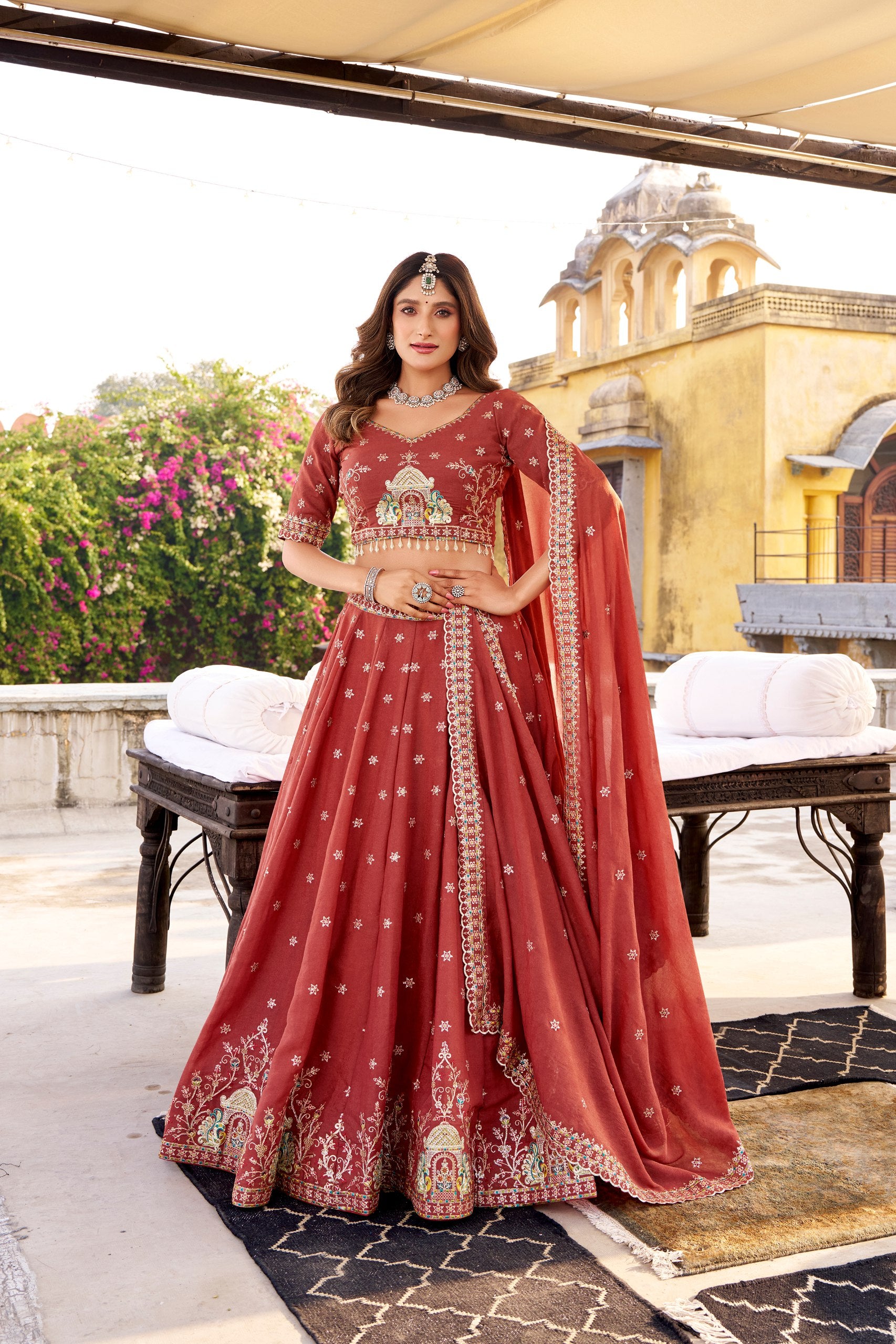 Dusty Orange Color Wedding Wear Heavy Sequence Work Lehenga