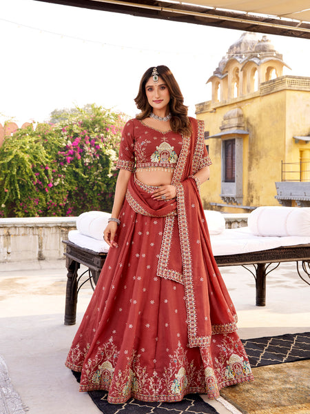 Dusty Orange Color Wedding Wear Heavy Sequence Work Lehenga