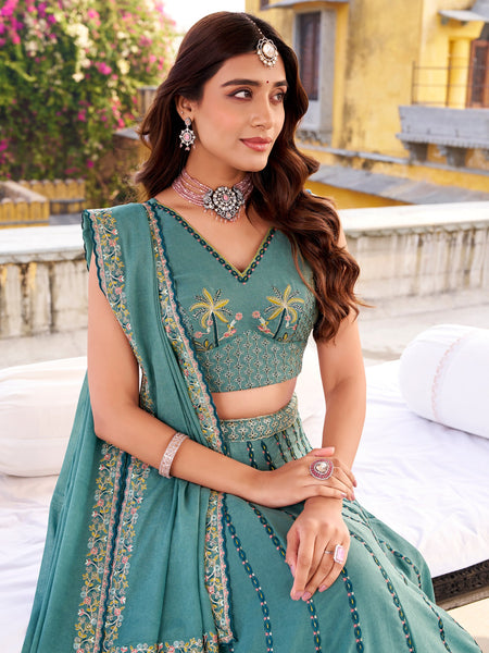 Rama Color Wedding Wear Heavy Sequence Thread Work Lehenga