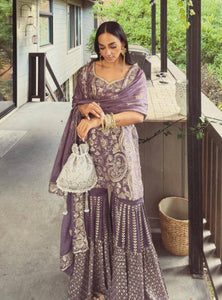 Light Purple Chinon Silk Embroidery Sequence Sharara Suit