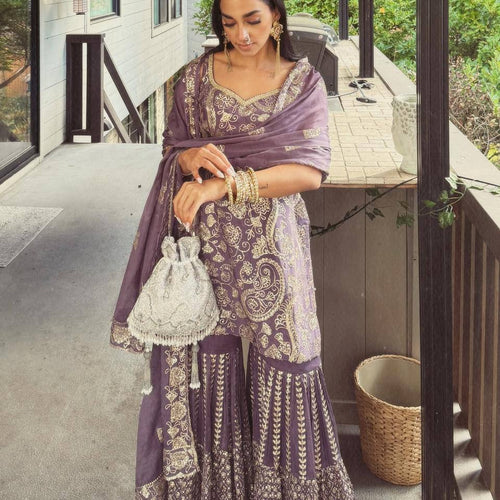 Light Purple Chinon Silk Embroidery Sequence Sharara Suit